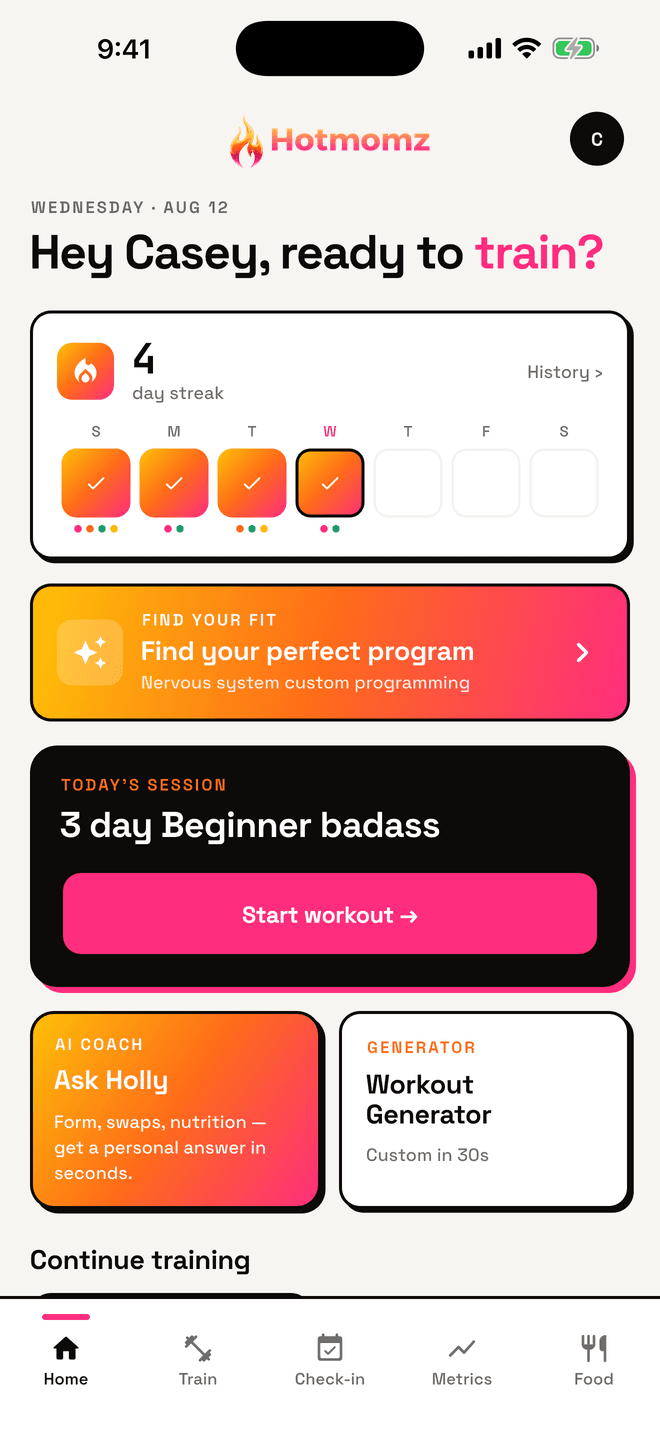 The Hotmomz app home screen showing a four day streak and today’s session
