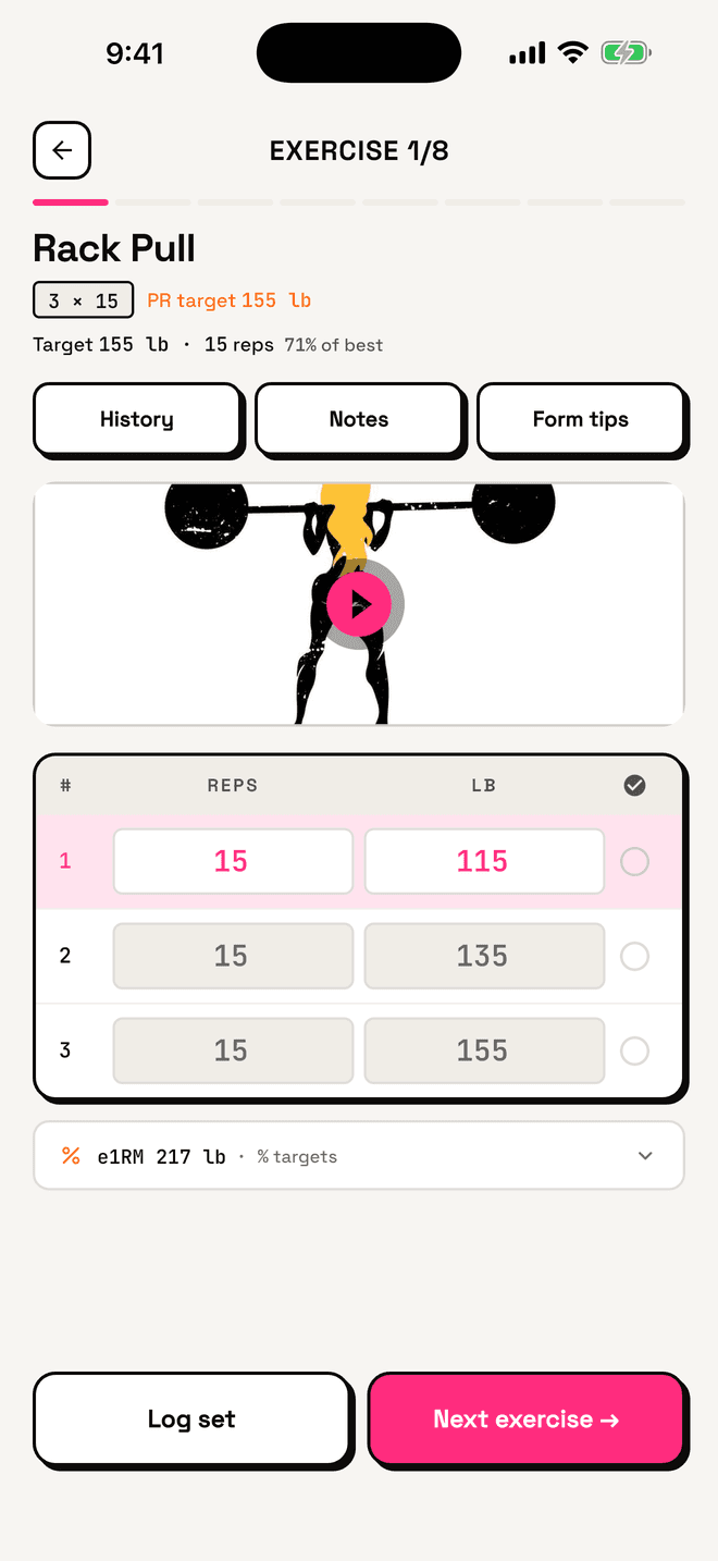 Set logging with a PR target and estimated one-rep max