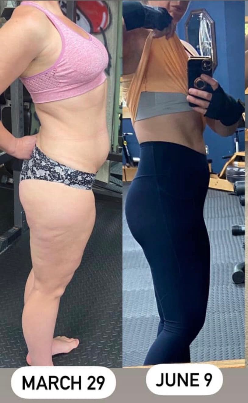 Side-view before and after, March 29 and June 9, with a tighter waist and more lifted glutes.