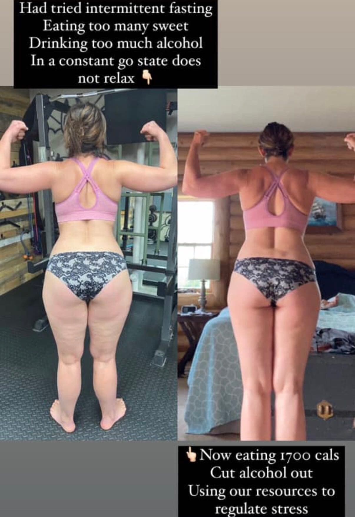 Before and after from behind. Before: had tried intermittent fasting, too many sweets, too much alcohol, always on the go. After: eating 1,700 calories, cut out alcohol, using the program's resources to regulate stress.