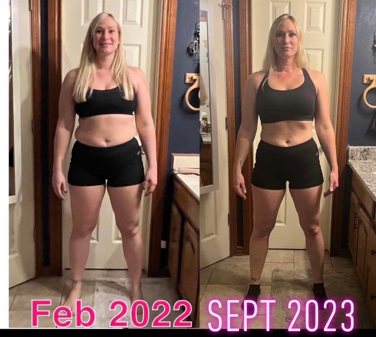 Front-view before and after, February 2022 and September 2023, leaner with visible muscle definition.